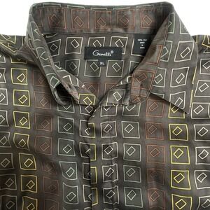 Genelli Mens XL Silk Button Down Shirt Brown Geometric Square Long Sleeve Retro